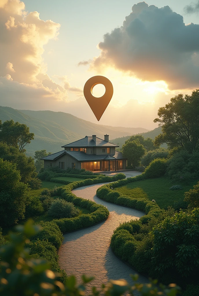 detailed 3D animated landscape, large property with floating location icon above lot, realistic, 8K, highly detailed, photorealistic, dramatic lighting, vivid colors, cinematic composition, volumetric fog, lush foliage, rolling hills, scenic vista, golden hour lighting, dramatic clouds, intricate textures, hyper-realistic, award-winning CGI