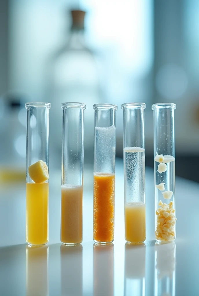 generates 6 test tubes and that each one is added a drop of Lugol ,and each test tube has a different food , in the first test tube a piece of banana is added to the second a piece of potato or potato to the third a few grams of sugar to the fourth a small piece of bread to the fifth a few grams of rice to the sixth a small piece of noodle , each tube with its respective chemical reaction , more noticeable with those that have starch all straight without errors