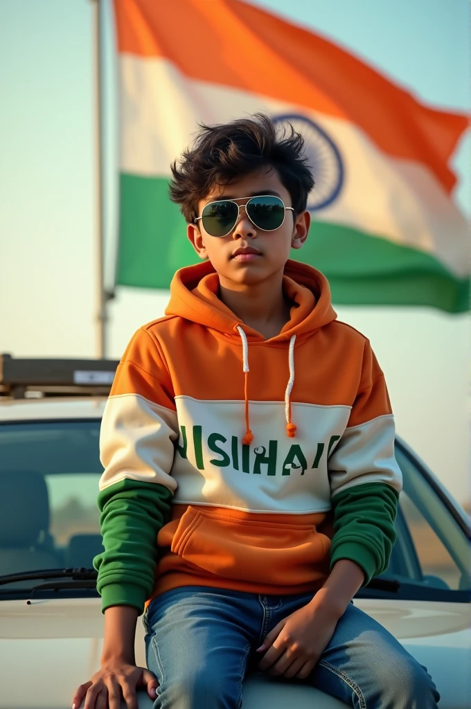 Create a realistic photo of a 14 year old boy sitting on the car, wearing a indian flag color hoodie, sunglasses with the name 'NISHANT’ printed across it. The background features a Indian flag fluttering in the wind.”