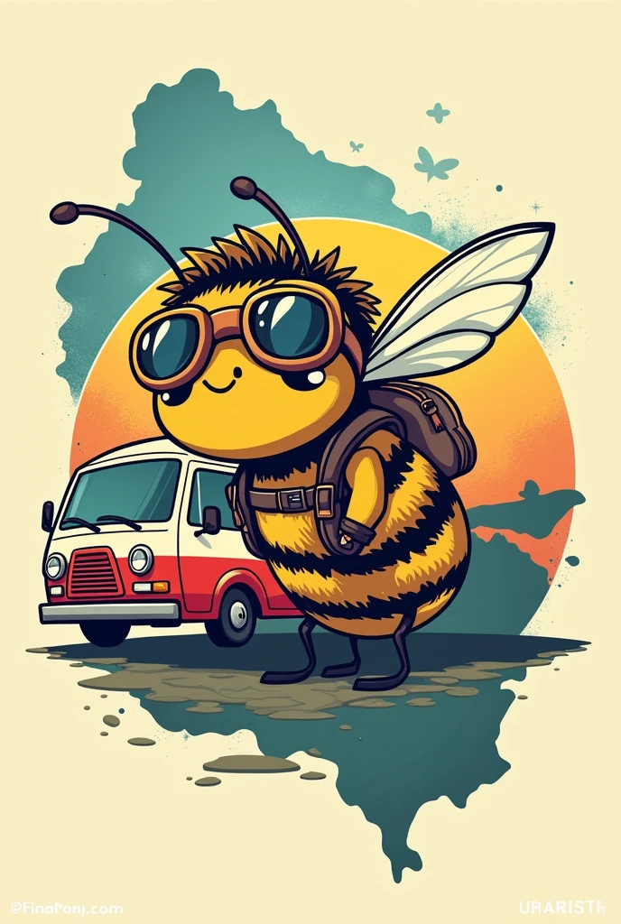 A logo for a t-shirt that says 'the traveling bee'" that has a bee, a motorhome and the map of Uruguay in the background