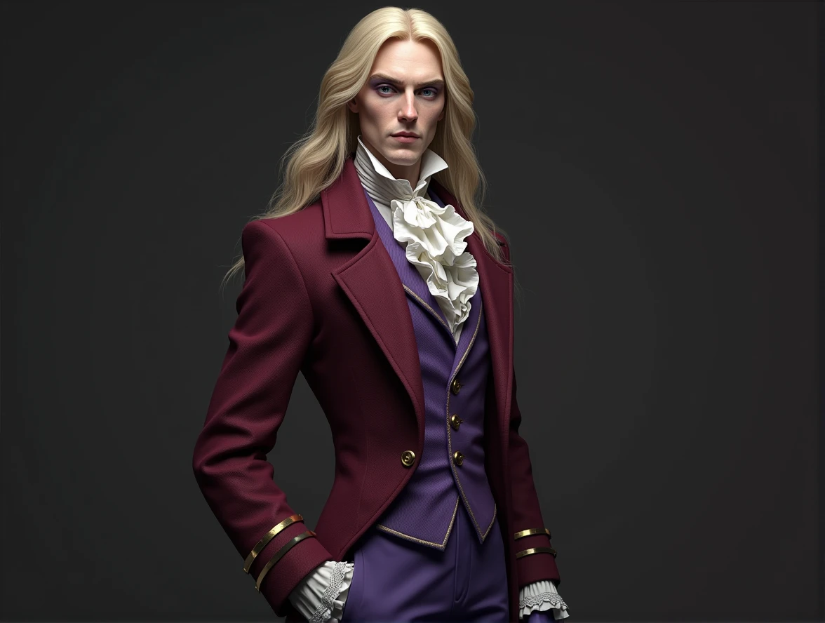 pale and tall man, who looks to be 30-35 years old. It has long (to the waist) light blond hair with a golden hue, thin gray-blue eyes with dark purple eyeshadow and noticeably high cheekbones. His clothes are in Victorian style, An old-fashioned, consists of a long dark burgundy jacket with a lavender inner layer and gold pins on the folded cuffs. Underneath he wears a purple waistcoat over a white ruffled shirt, purple classic trousers, dark blue knee-high boots and gloves of the same color.
