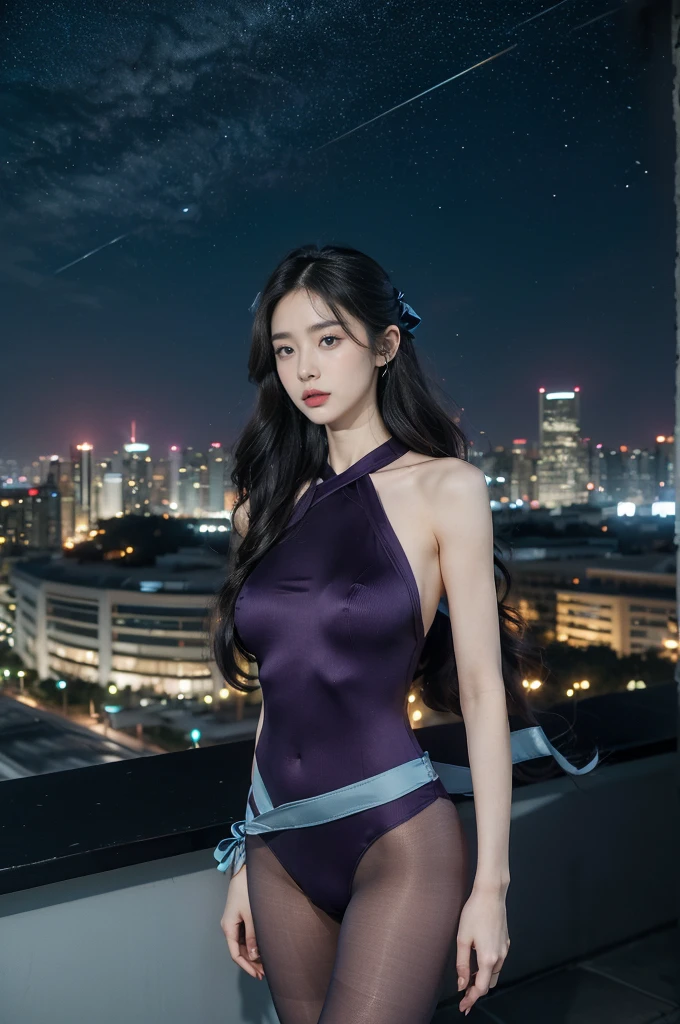 (((best quality))),(((ultra detailed))),(((masterpiece))),illustration,((1girl,Rui Kisugi,solo)),((slim,thin)),(huge breasts:1.3),(long wavy hair:1.2),(dark purple full-body tight-fitting unitard:1.3),(cyan ribbon around waist:1.3),(standing:1.3),(On the roof of skyscraper:1.3),(city view:1.2),(night scene:1.3),elegant,confident,athletic,curves,(slender legs:1.2),waist,concrete,glass,buildings,starry sky,natural beauty,captivating,thought-provoking,((from front,upper body))