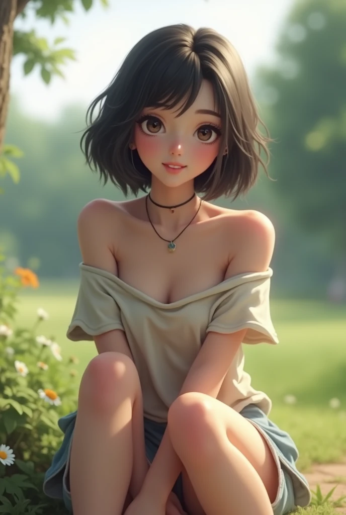 (photorealism:1.2), beautiful girl, sitting at park, wearing loose off-shoulder top, wearing shorts, Black Short Hairs, soft lighting, Sky in background, 