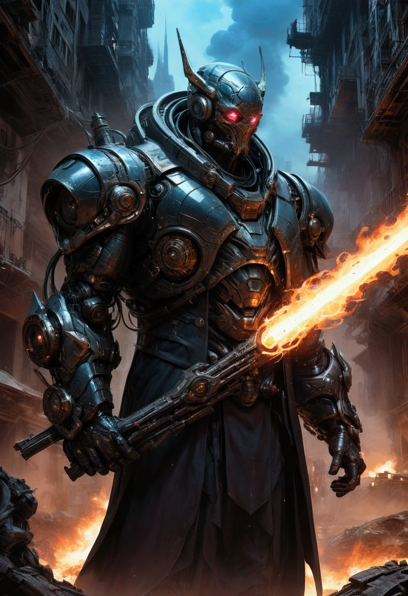 Giant Weapon, The sinister looking giant weapon fires and destroys the whole city; spectacular nontrivial intricate complex thoughtful spooky scary menacing doomy heroic sci-fi cosmic concept art by Marat Zakirov, Gordei Krasnov, Carsten Stueben, Juan Camilo Vallejo, John Picacio, James Suret & Niyas CK, masterpiece, best quality, very aesthetic, absurdres