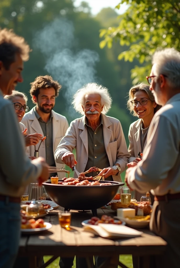 Einstein is having a barbecue, and many scientists are around