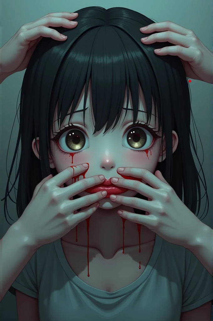 A anime girl with sad eyes... Many hands covering her mouth ... Red blood drops on her face