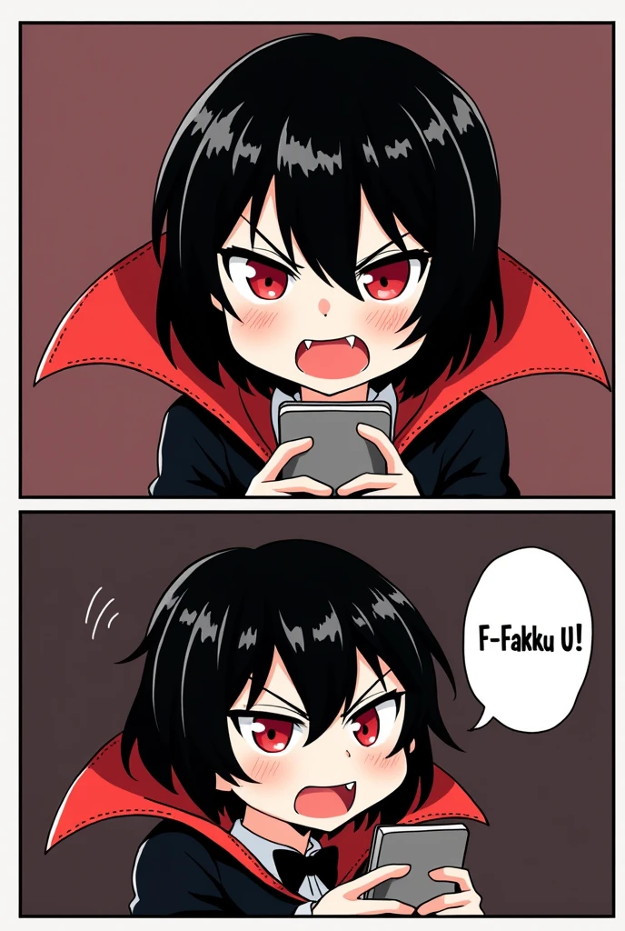 (masterpiece, best quality:1.2), comic, ((2comic panels)), 2 panels, (dot halftone, flat color), short black hair, red eyes, vampire girl, (fangs), gothic costume with red cloak, scrolling on smart phone, (saying "F-Fakku U!" with angry face)