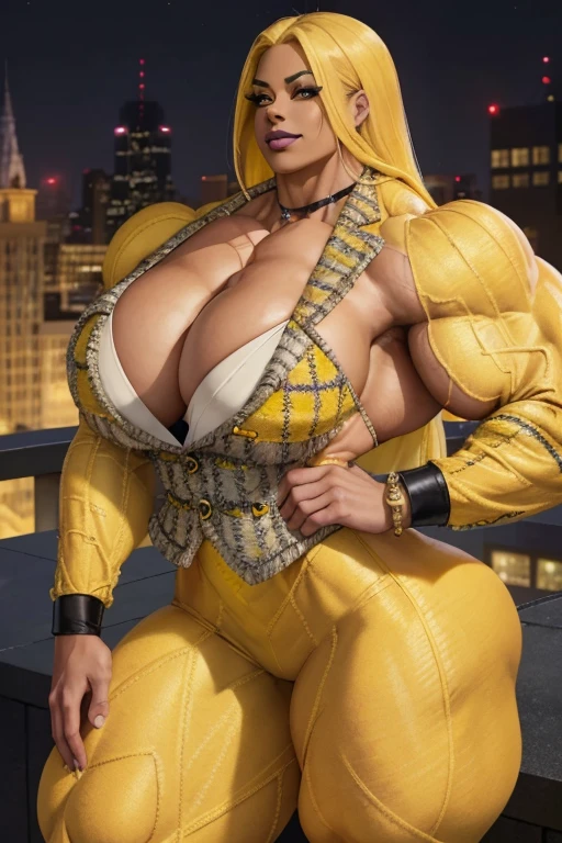 ((Close-up)), tall, (yellow hair) beautiful muscular latino woman, long flowing hair, brown skinned, closed smile, large breast, (black lipstick), (massive muscles), (hyper muscle), (ginormous bulky muscles), gray eyes, (((yellow tweed suit))), ((double breasted jacket)), pink bracelets, choker, high heels, on the rooftop at night,