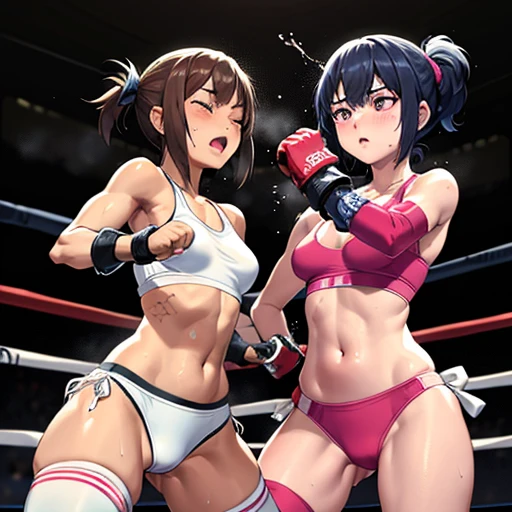  their punches are hitting to each other's faces. bloody beautiful Japanese female fighters are fighting in the octagon. life or death struggle. survival battle. dynamic exciting action in the octagon fighting ring. whole body picture. they are beating each other so hard. they are covered in scars and bruises. they are damaged terribry. Short-cut black hair, out of breath, drooling from mouth, one eye is closed, exhausted, drenched in sweat. Erect nipples. open finger glove. Ragged white and pink sports bra, high leg panty, Stockings. armwarmers. small breasts, armwarmers. Whittled waistline