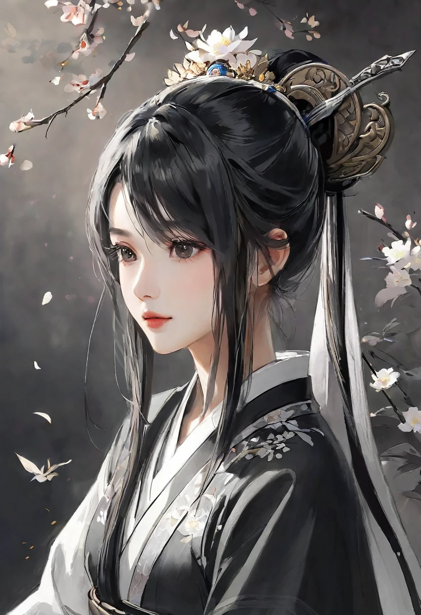 Girl,swordsmen,Ancient wind, Acura, florals, Solo, Hanfu, Flower lines draw the background, white backgrounid, single body, dessin au trait, ((Sketch factory)),(character sketch:1.1),(charcoal drawing:1.2),Sketch,(pencil drawing:1.3),Charcoal painting style,Black and white,character sketch,