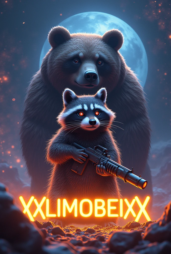 Galactic raccoon with a weapon and under the bear should "XXLIMOBEIXX" are written in neon yellow