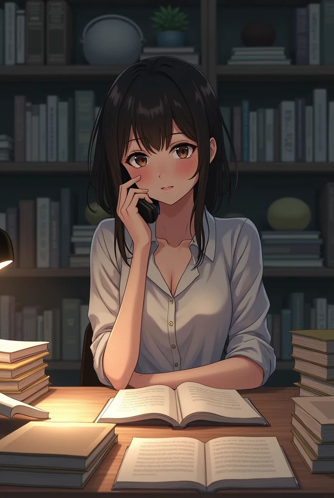 Anime girl, 1 girl image, 9:16, crying, talking on phone call, sit on the chair with table, on the table opened a book , many books on the table, she wears beautiful formal dress , hot body, she likes about 24 years old