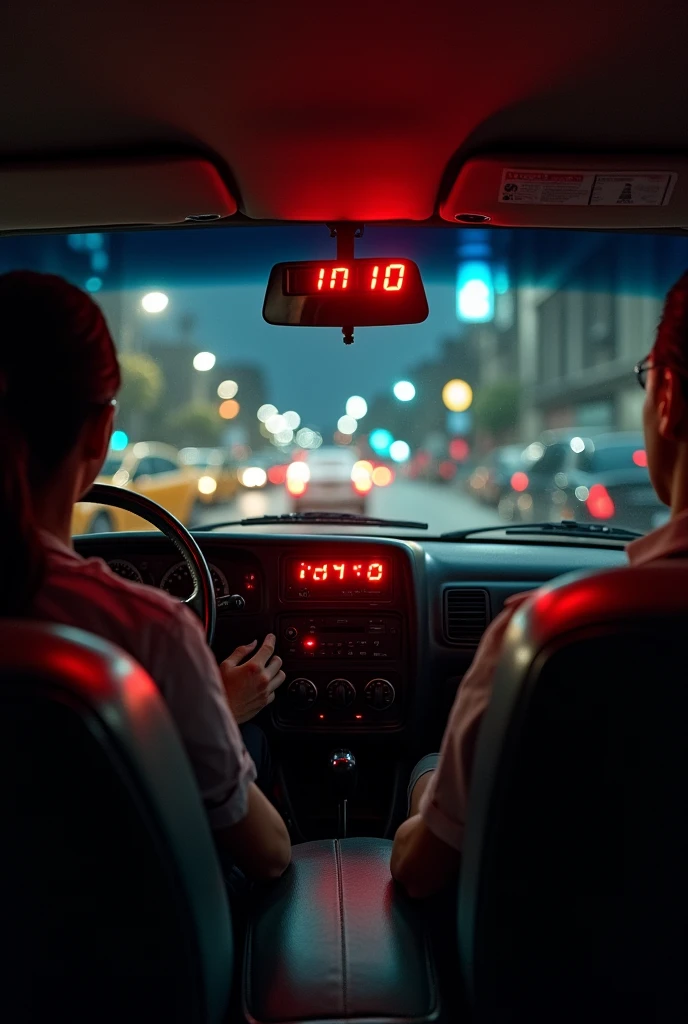 The interior of a taxi cab with a Latin American taxi meter that displays a value of 10 on its red screens.:15, having a night background in a Latin American country, and looking like a photo taken with a low-end cell phone.