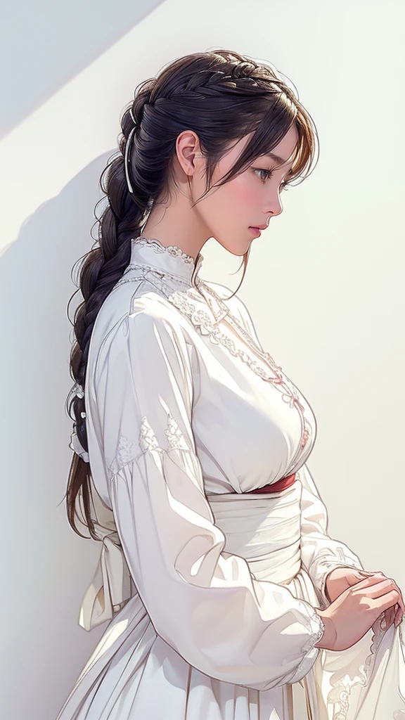 (((Simple configuration)))、(((The background is a white wall:1.2)))、、Large Breasts、Perfect Anatomy、Picturesque、sketch、Very delicate、Cloud-like wall、French Braid、carefully drawn hair、Floral、Delicate depiction、Abstract、Bright colors overall、Gentle color、Taisho Romance、(masterpiece、Highest quality、Highest quality、Official Art、Beautiful, beautiful:1.2)
