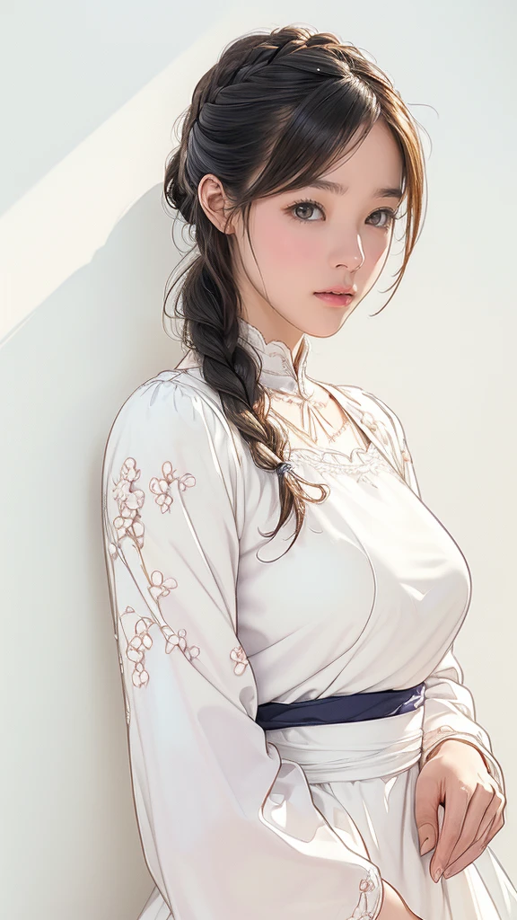 (((Simple configuration)))、(((The background is a white wall:1.2)))、、Large Breasts、Perfect Anatomy、Picturesque、sketch、Very delicate、Cloud-like wall、French Braid、carefully drawn hair、Floral、Delicate depiction、Abstract、Bright colors overall、Gentle color、Taisho Romance、(masterpiece、Highest quality、Highest quality、Official Art、Beautiful, beautiful:1.2)