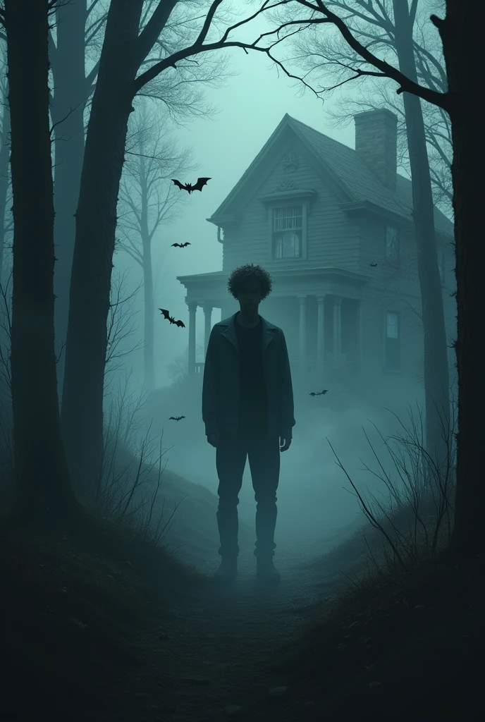 Leftover from a young man with kinky hair taking a selfie in a dark forest and dense fog... In the background an old house with bats