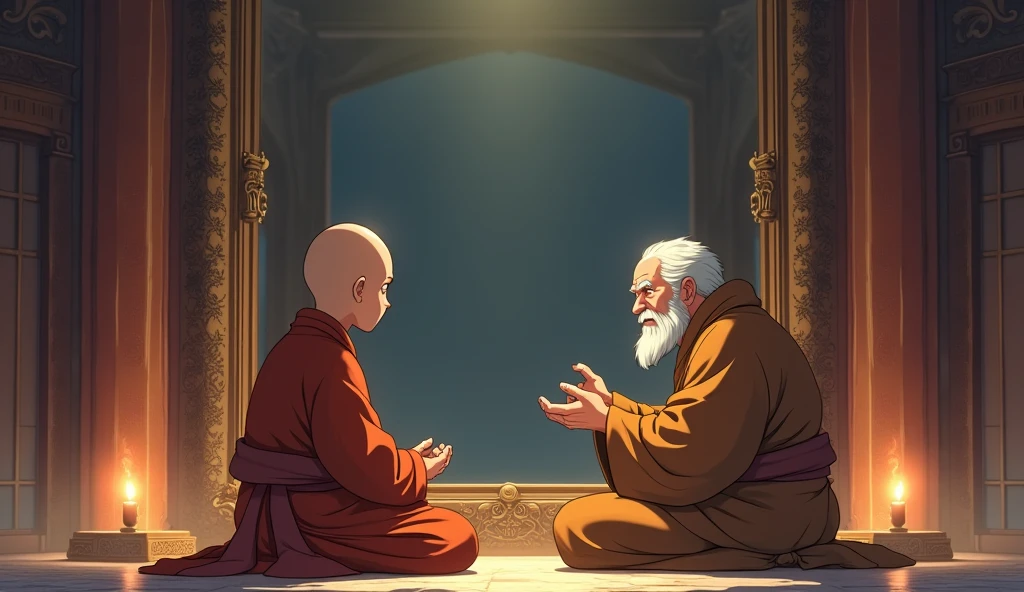 Young monk student sitting and talking with his old fat master monk in front of huge mirror in a room, in anime style,