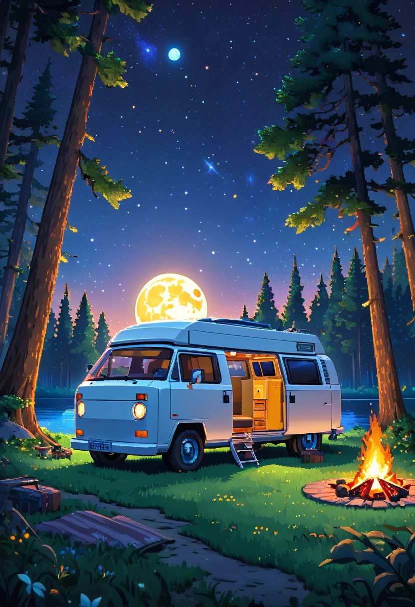 a detailed advance futuristic camper van in a grassy forest clearing at midnight,full moon shining bright, starry sky, man sitting nearby campfire, lake nearby,pixelart,HDR,8k,high quality,detailed interior,masterpiece