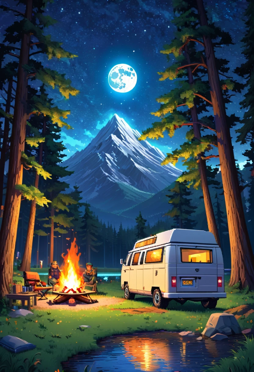 a detailed advance futuristic camper van in a grassy forest clearing at midnight,full moon shining bright, starry sky, man sitting nearby campfire, lake nearby,pixelart,HDR,8k,high quality,detailed interior,masterpiece