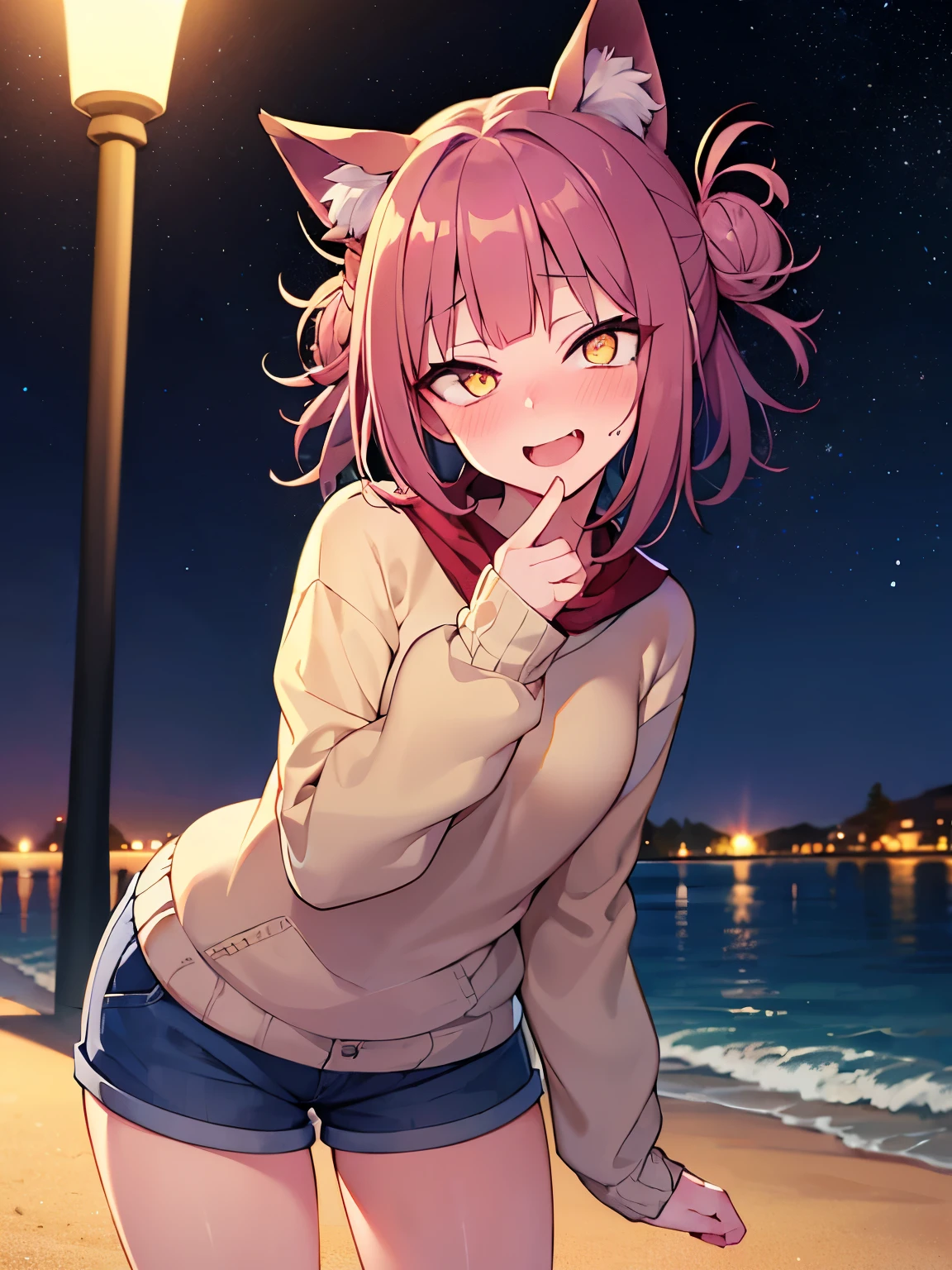 photorealistic, 1girl, saturated violet hair, orange fox ears (1.7), flat chest (1.7), puffed out her cheeks, saturated glowing bright orange eyes, cat-like pupils (2), sandy beach, denim shorts, sweater, narrow waist (2), tired but happy eyes, night starry sky, is embarrassed