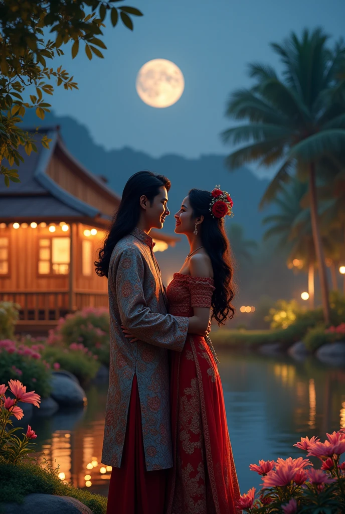 Full body couple consisting of a handsome young man with long hair, and a beautiful young woman with long hair, oval face has Malay Indonesia, sweet smile, all dressed in traditional tribal clothing, romantically warm cuddling, in a flower garden with traditional bamboo house blinking led lights seen, small waterfall lake and peacock for beauty, crescent moon night full moon, best photo quality, clear, crisp and soft, Full HD 64K real