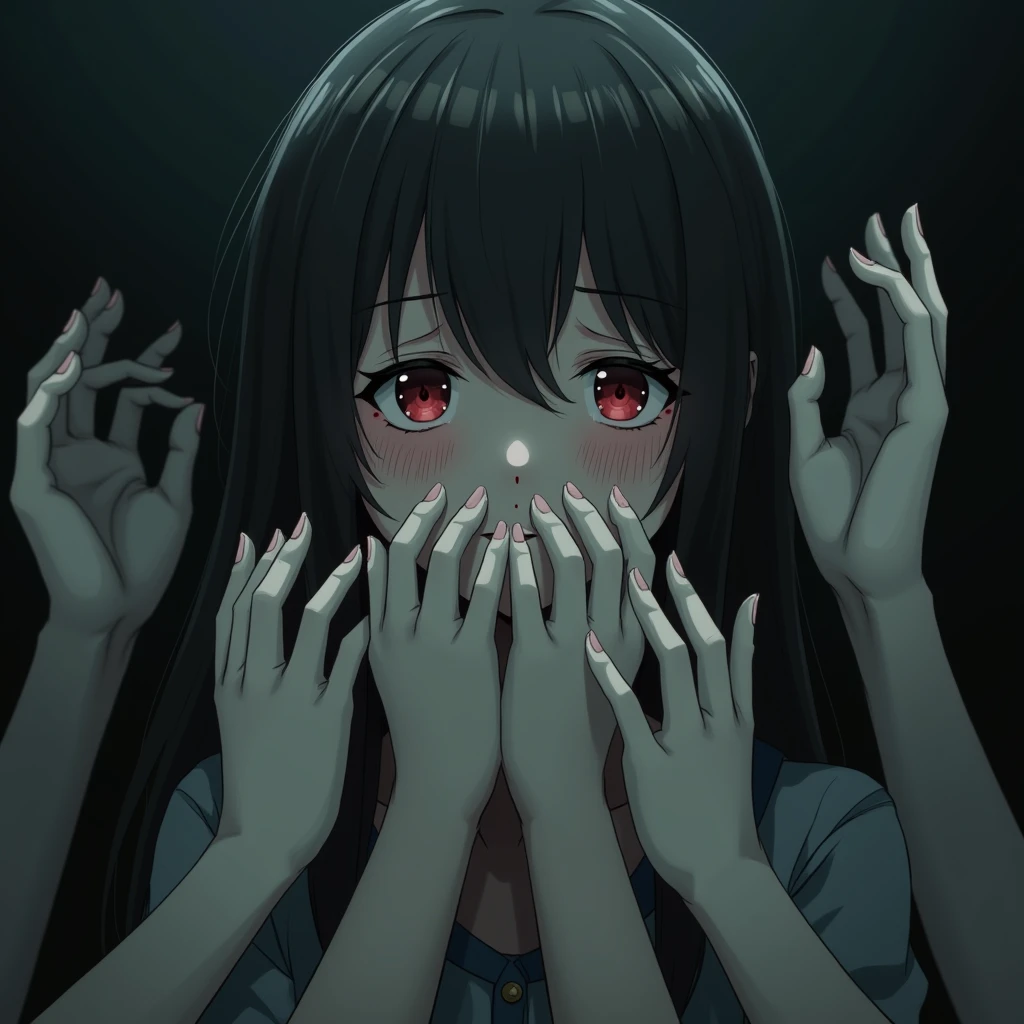 A anime girl with sad eyes... Many hands covering her mouth ... Red blood drops on her face