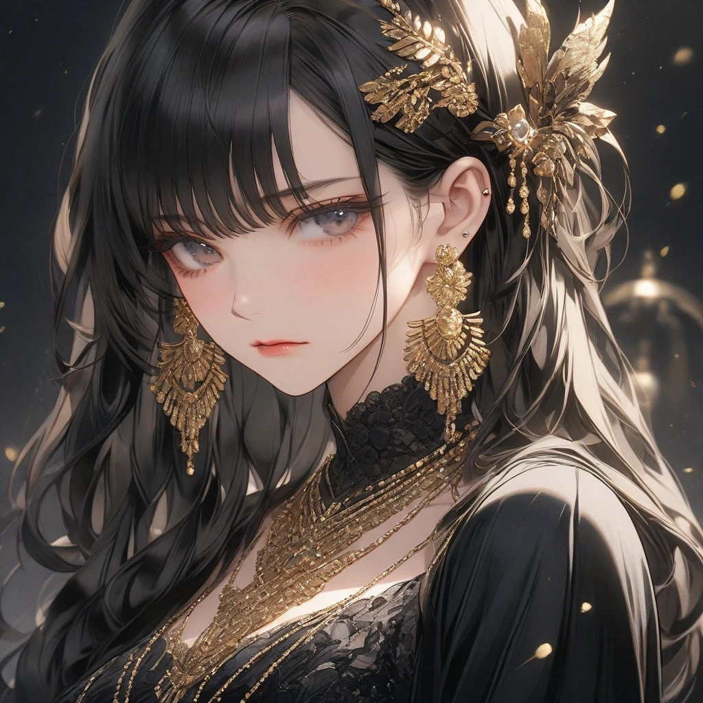high resolution, Masterpiece, Anatomically correct, precise, qualityที่ดีที่สุด, quality, 1 woman, Age 25 years,very long hair, black hair, Uneven hairstyles, big breasts, earring, Dark makeup, A sad expression., simple background, Close-up photography, decorations, Anime style, Wearing a black dress,luxurious,Wealth,millionaire,mature woman ,dress luxurious,looking sad