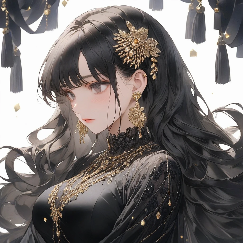 high resolution, Masterpiece, Anatomically correct, precise, qualityที่ดีที่สุด, quality, 1 woman, Age 25 years,very long hair, black hair, Uneven hairstyles, big breasts, earring, Dark makeup, A sad expression., simple background, Close-up photography, decorations, Anime style, Wearing a black dress,luxurious,Wealth,millionaire,mature woman ,dress luxurious,looking sad