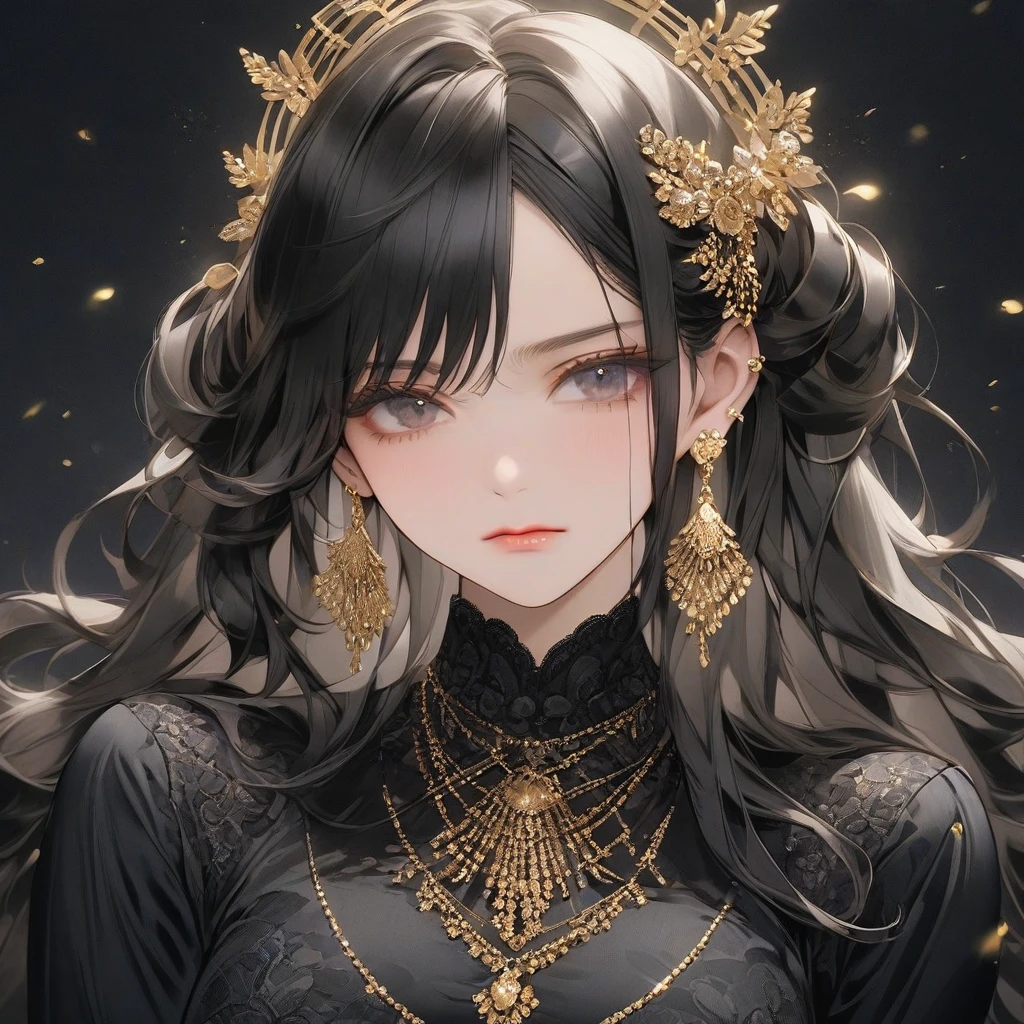 high resolution, Masterpiece, Anatomically correct, precise, qualityที่ดีที่สุด, quality, 1 woman, Age 25 years,very long hair, black hair, Uneven hairstyles, big breasts, earring, Dark makeup, A sad expression., simple background, Close-up photography, decorations, Anime style, Wearing a black dress,luxurious,Wealth,millionaire,mature woman ,dress luxurious,looking sad