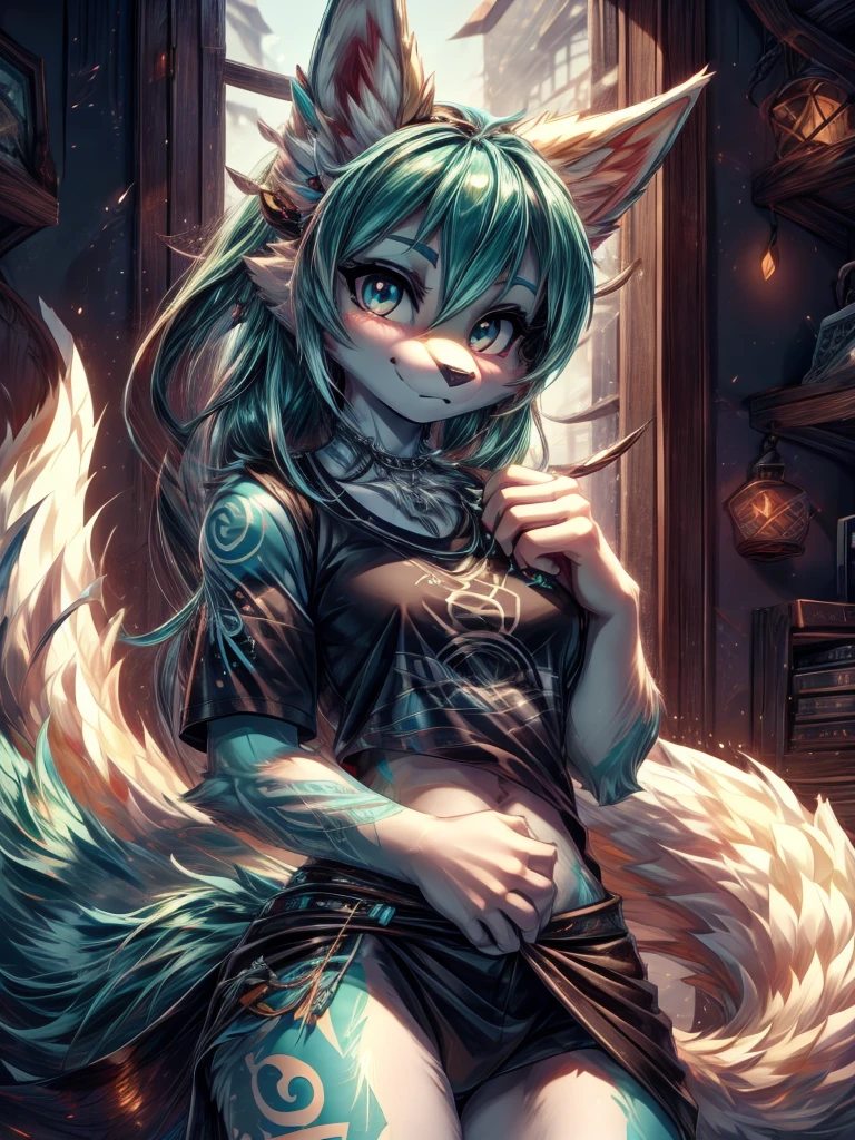 Miku Hatsune, add high definition_detail:1, blue fur,kitsune ears, tribal tattoo add_detail:1 cute high school clothes, Pretty girl, 18 year old girl, short black lycra, black metal t shirt, flirty look add_detail:3, radiant aqua iris add_detail:1, mirada inocente  chica linda y tierna 