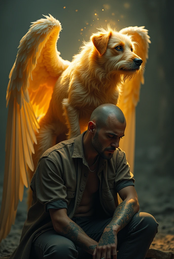 A tiny golden terrier turned into an angel and that watches over a sad man with tattoos and no beard