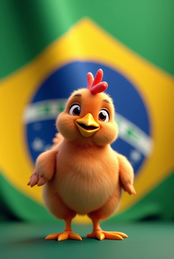 Small brown chicken animated with the Brazilian flag behind it