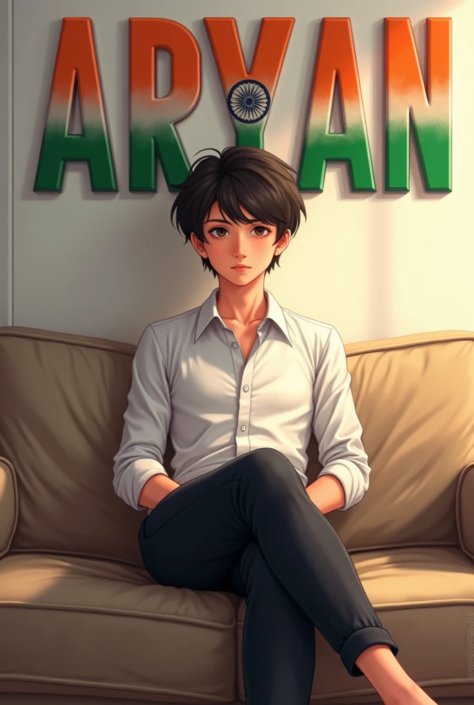 A boy sitting in a sofa . Wearing black  grans and wight shirt .in back ground Aryan name will be written with Indian flag colour and it will be anime 
