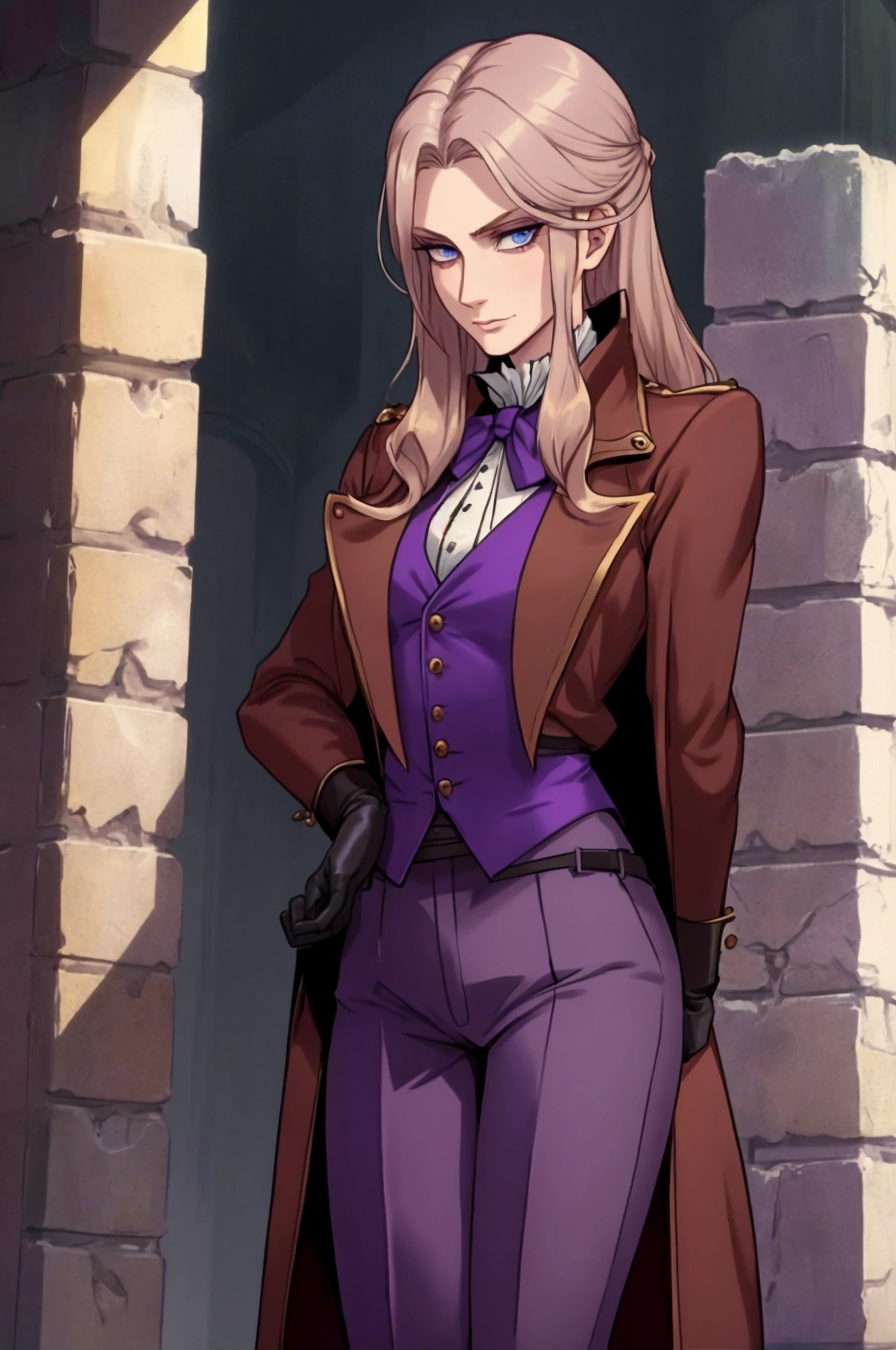 pale and tall man, who looks to be 30-35 years old. It has long (to the waist) light blond hair with a golden hue, thin gray-blue eyes with dark purple eyeshadow and noticeably high cheekbones. His clothes are in Victorian style, An old-fashioned, consists of a long dark burgundy jacket with a lavender inner layer and gold pins on the folded cuffs. Underneath he wears a purple waistcoat over a white ruffled shirt, purple classic trousers, dark blue knee-high boots and gloves of the same color.