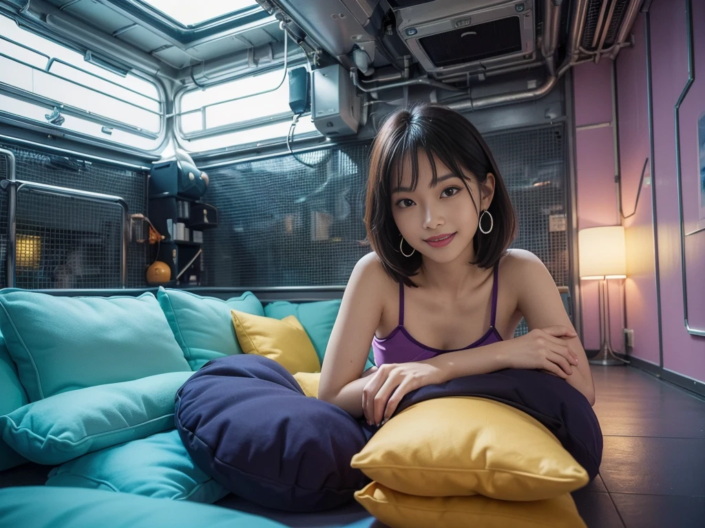 very futuristic, space station, Decorative walls,, cooles y scify outfit, vibrant colors, orange, turquoise, Purple, large, extremely comfortable and convenient futuristic living space to feel good, lying position (((perfect young minami hamabe)))(Ultra-High-Definition)(masterpiece(Very detailed)(perfect quality)(最good quality)(first-person perspective)lies on comfortable colored cushions, (16K )(dramatic perspective),upper body, relaxed, extremely friendly expression, mischievous smile, ,shorth hair, uhd, masterpiece, trending on artstation,, award winning foto, cinematic, stylish earrings, dynamic pastel colours, detailed interior, subtle cozy lighting, eroctures on the walls, very cozy and futuristic ambiance, exotic flowers