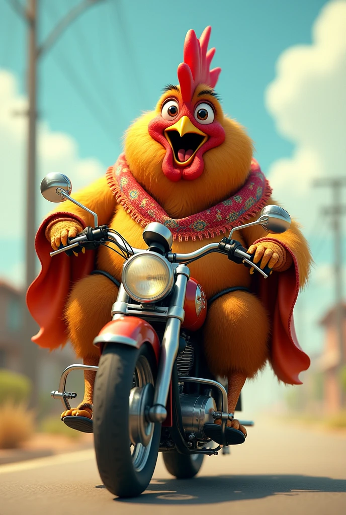 Fat country chicken with a poncho on a motorcycle with a silly face
