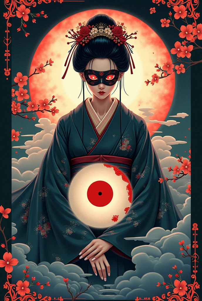 Yin yang symbol, above the symbol a geisha with a Samurai mask, and in the geisha's eyes a Sharingan, in the background an ornamentation with cherry blossoms and Akatsuki clouds 

