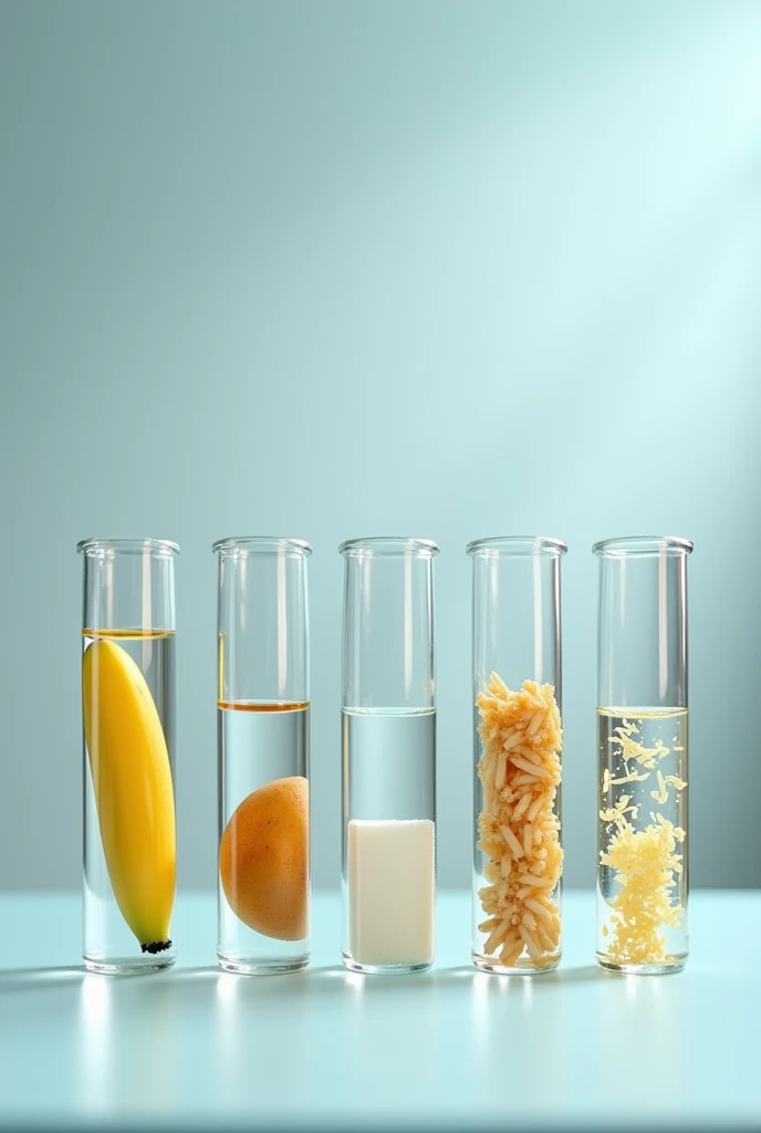 generates 6 test tubes and that each one is added a drop of Lugol ,and each test tube has a different food , in the first test tube a piece of banana is added to the second a piece of potato or potato to the third a few grams of sugar to the fourth a small piece of bread to the fifth a few grams of rice to the sixth a small piece of noodle , each tube with its respective chemical reaction , more noticeable with those that have starch all straight without errors