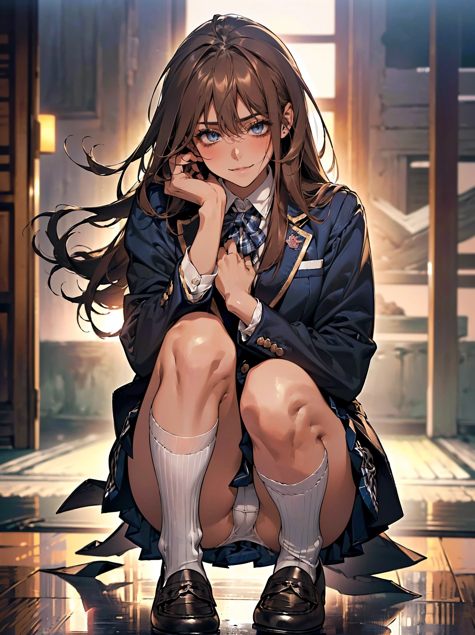 ((Perfect :1.3,Realistic:1.3,RAW Photos:1.3,masterpiece、Highest quality、Ultra - High resolution、High resolution、Extremely detailed CG、8k)),Cowboy Shot．　　　　　　　　　　　　　　　　　　　　　　　　　　　　　　　　　1 female,alone,18-year-old、high school girl，beautiful girl,((Beautiful Eyes:1.2,大きなBeautiful Eyes:1.3,)),Platinum Blonde,Long Hair,(Center parted hair:1.4,amount),Small Head:1.3,((Provocative smile))，thin,((Dark brown skin:1.5)),(Oily skin,Glowing Skin,Glowing Skin,(school uniform、Dark blue blazer jacket、Checkered pleated mini skirt，White socks，Black Loafers),(Show viewers white panties)，Beautiful feet，Squat.                                                                                                                              The background is a dirty back alley、((dark)),((At night))、Tokyo.( stains)