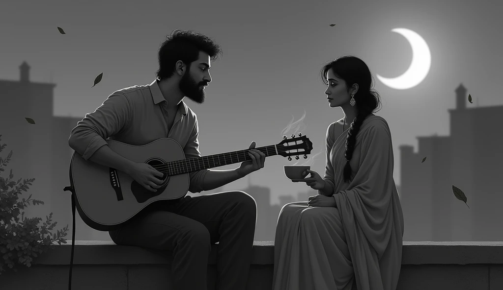 ## Potential Prompt:
A grayscale, romantic scene set under a crescent moon on a quiet rooftop. A man with a beard, dressed in casual clothes, plays an acoustic guitar while seated on a ledge. Next to him, a woman wearing a traditional saree, with her hair in a braid, holds a steaming cup and gazes at the man with a soft, loving expression. The background features dimly lit buildings, with a few scattered leaves blowing in the breeze, creating a serene and intimate atmosphere. The overall mood is peaceful and tender.