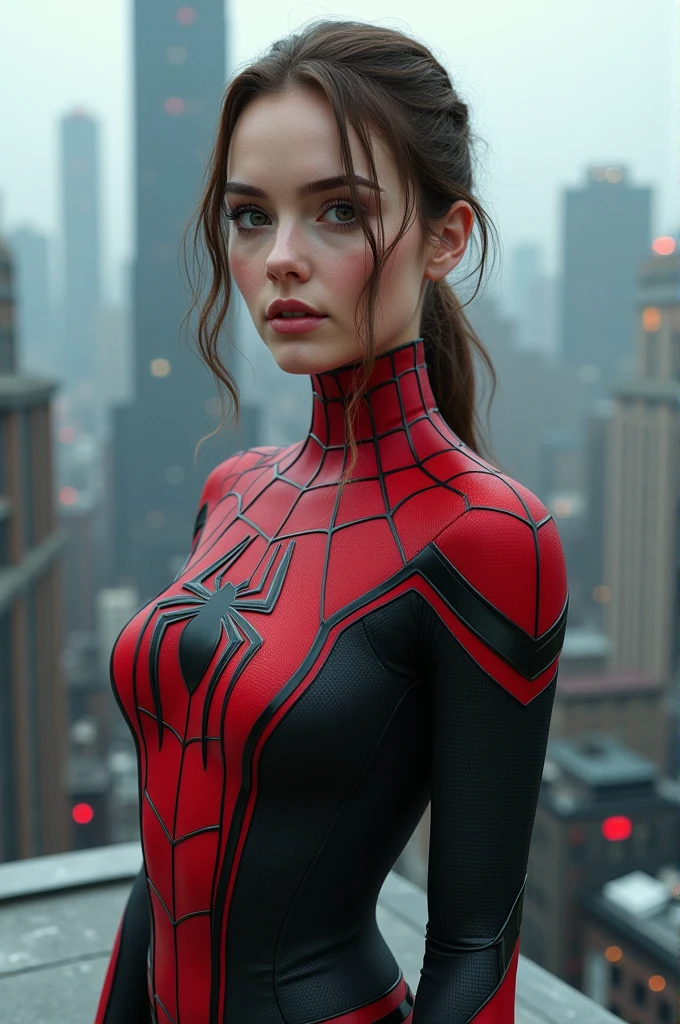 (1girl:1.3), Solo, (((Very detailed face)))), ((Very detailed eyes and face)))), Beautiful detail eyes, Body parts__, Official art, Unified 8k wallpaper, Super detailed, beautiful and beautiful, beautiful, masterpiece, best quality, original, masterpiece, super fine photo, best quality, super high resolution, realistic realism, sunlight, full body portrait, amazing beauty, dynamic pose, delicate face, vibrant eyes, (from the front), She wears Spider-Man suit, red and black color scheme, spider, very detailed city roof background, rooftop, overlooking the city, detailed face, detailed complex busy background, messy, gorgeous, milky white, highly detailed skin, realistic skin details, visible pores, clear focus, volumetric fog, 8k uhd, DSLR, high quality, film grain, fair skin, photo realism, lomography, futuristic dystopian megalopolis, translucent