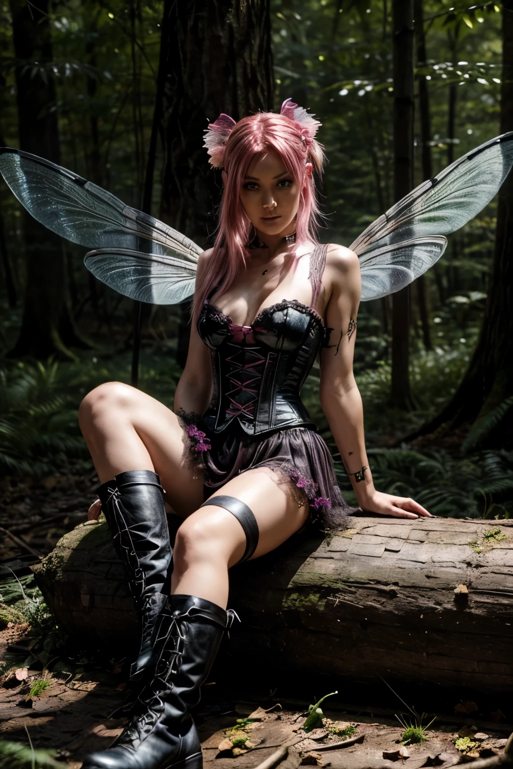 A fairy woman with dragonfly wings, with lush pink hair, dressed in a black corset and a short black skirt, Red high boots on his feet, Silver bracelets on his arms, Blue eyes, Offended, full height, In the forest, sitting on a branch