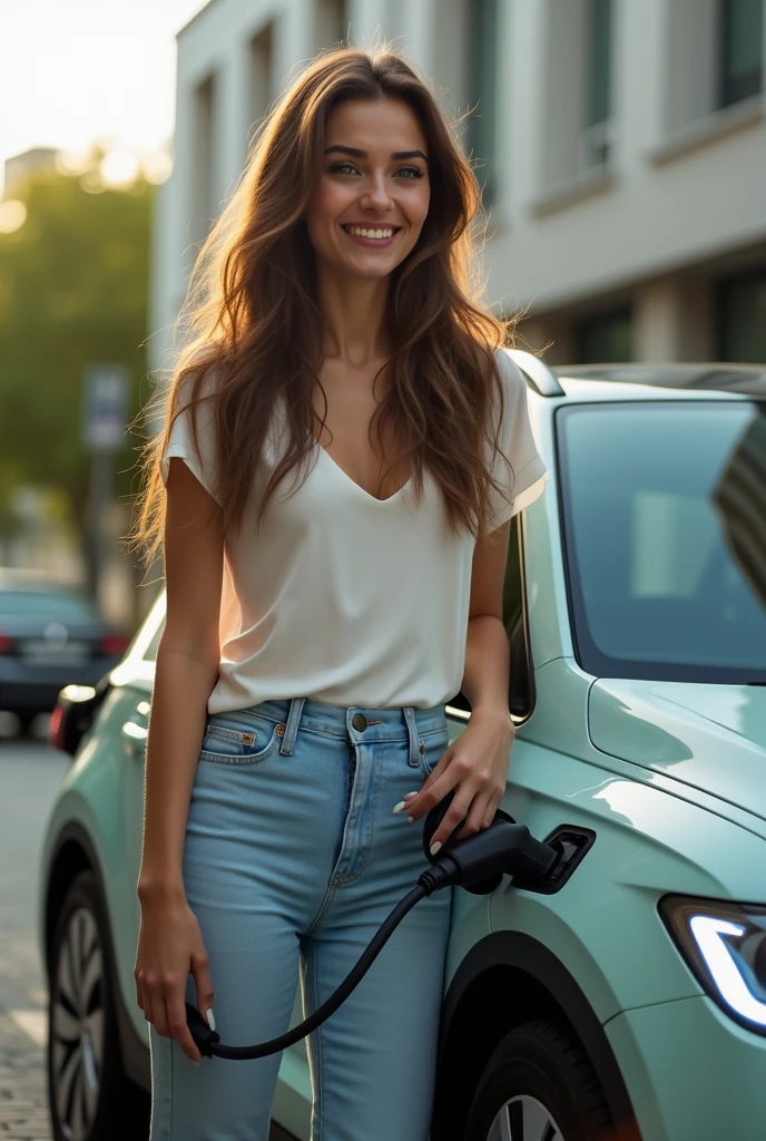 Une belle femme hispanic au yeux vert branchant sa dernière volkswagen électrique sur une borne électrique. Elle regarde sa voiture volkswagen en souriant