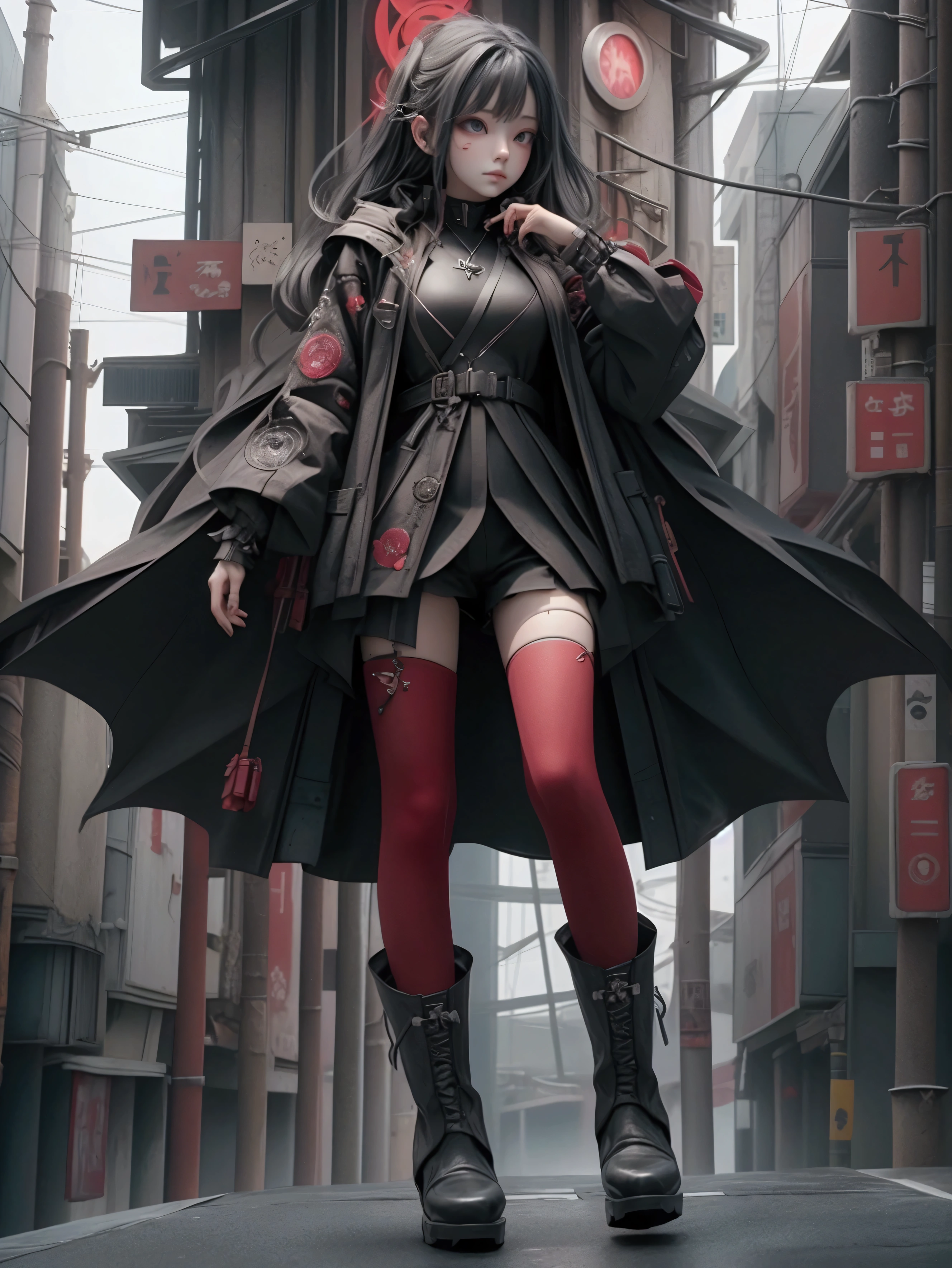 whole body、Angle from below、whole body、Beautiful flying in the sky、Flying Pose、Half Machine Body、A background looking up at the street、Image in black and red shades、Contrast、Black clothes、Large size raincoat、boots