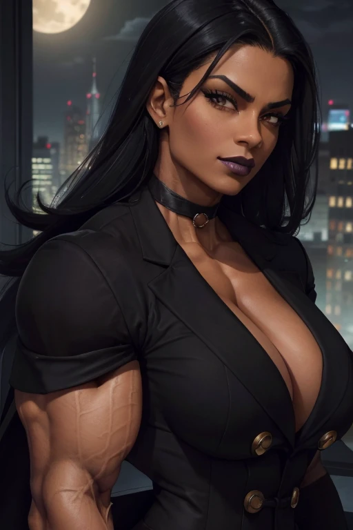 ((Close-up)), tall, (black hair) beautiful muscular woman, long straight hair, brown skinned, closed smile, large breast, (black lipstick), (massive muscles), (hyper muscle), (ginormous bulky muscles), orange eyes, (((black tweed suit))), ((double breasted jacket)), black bracelets, choker, high heels, on the rooftop at night, 