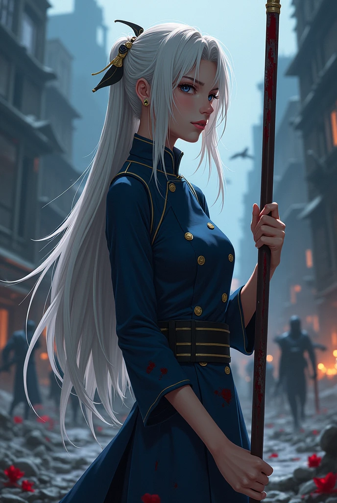 (anime:1.2), adult woman, wearing loose deep navy qipao dress, deep navy shirt with golden button, platinum hair, medium tan skin, extremely long hair, hair with no bangs, visible forehead, black eyes, relaxed pose, strong and stoic expression, holding a spear, image shot from her side, detailed face, blood splattered across her clothes, monsters in background, broken city in background, cold colors, night sky, dark background, lighting from the front