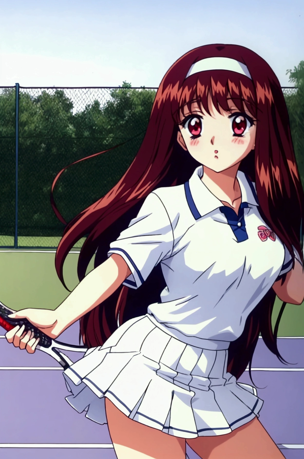 Yuuki Mizuho, Long Hair, hair band, White tennis uniform, White polo shirt, Raglan sleeves, Pleated skirt, White Skirt, ((A man rubs his chest from behind)), Red eyes, Brown Hair, blush, Lips parted, liar, View your viewers, One person, difficult, Cowboy Shot,
Tennis court,
masterpiece, expensive quality, very_expensive_solve, big_file size, Full Color,