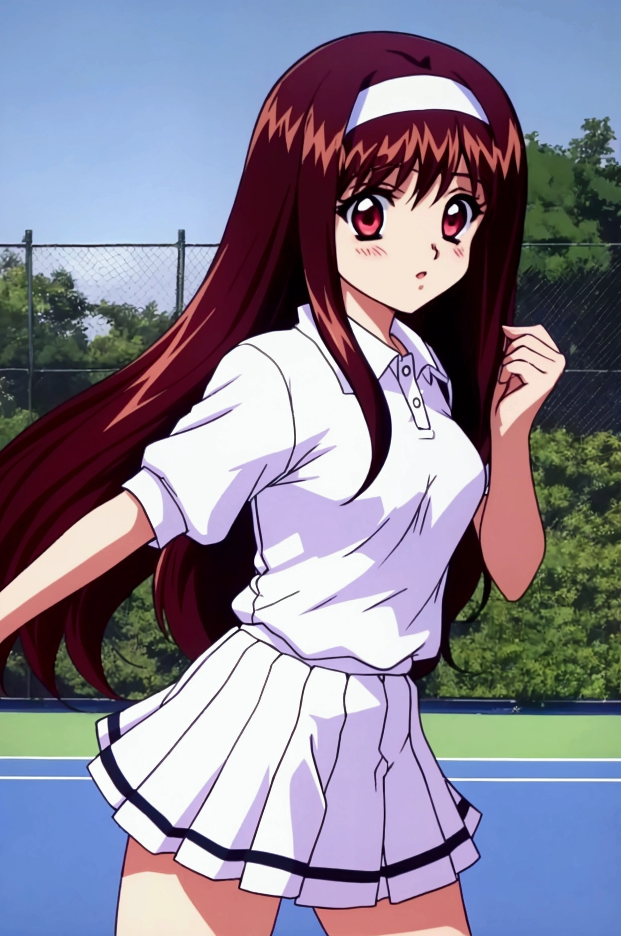Yuuki Mizuho, Long Hair, hair band, White tennis uniform, White polo shirt, Raglan sleeves, Pleated skirt, White Skirt, ((A man rubs his chest from behind)), Red eyes, Brown Hair, blush, Lips parted, liar, View your viewers, One person, difficult, Cowboy Shot,
Tennis court,
masterpiece, expensive quality, very_expensive_solve, big_file size, Full Color,