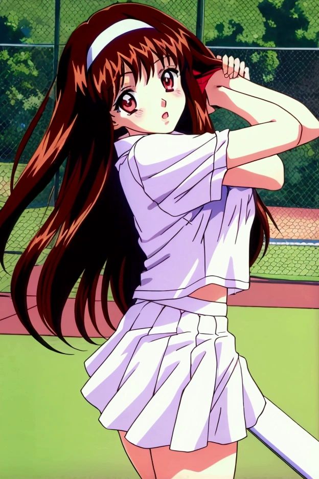 Yuuki Mizuho, Long Hair, hair band, White tennis uniform, White polo shirt, Raglan sleeves, Pleated skirt, White Skirt,  ((A man rubs his chest from behind)), Red eyes, Brown Hair, blush, Lips parted, liar, View your viewers,  One person, difficult, Cowboy Shot,
Tennis court,
masterpiece, expensive quality, very_expensive_solve, big_file size, Full Color,