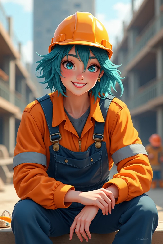 Personne androgyne avec les cheveux couleur arc en ciel habillé avec des habit de travail type chantiers assise avec le sourire